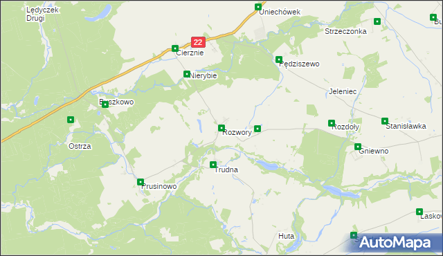 mapa Rozwory gmina Debrzno, Rozwory gmina Debrzno na mapie Targeo