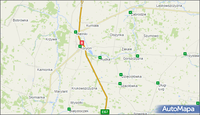 mapa Rudka gmina Korycin, Rudka gmina Korycin na mapie Targeo
