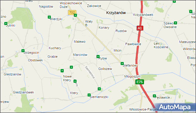 mapa Rybie gmina Krzyżanów, Rybie gmina Krzyżanów na mapie Targeo