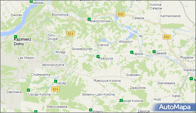 mapa Rzeczyca gmina Kazimierz Dolny, Rzeczyca gmina Kazimierz Dolny na mapie Targeo