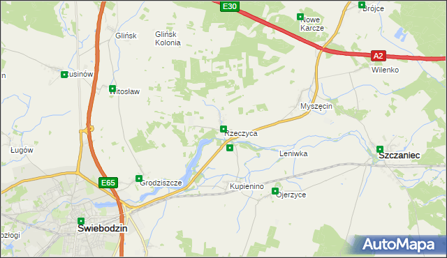 mapa Rzeczyca gmina Świebodzin, Rzeczyca gmina Świebodzin na mapie Targeo