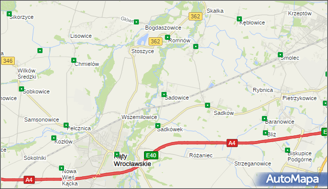 mapa Sadowice gmina Kąty Wrocławskie, Sadowice gmina Kąty Wrocławskie na mapie Targeo