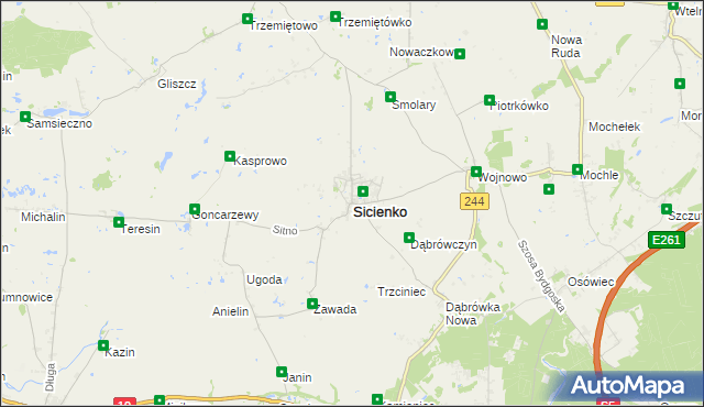 mapa Sicienko powiat bydgoski, Sicienko powiat bydgoski na mapie Targeo