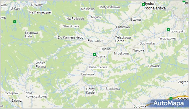 mapa Sidzina gmina Bystra-Sidzina, Sidzina gmina Bystra-Sidzina na mapie Targeo