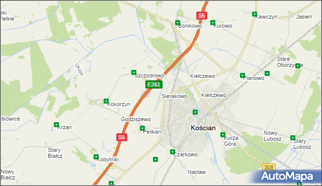 mapa Sierakowo gmina Kościan, Sierakowo gmina Kościan na mapie Targeo