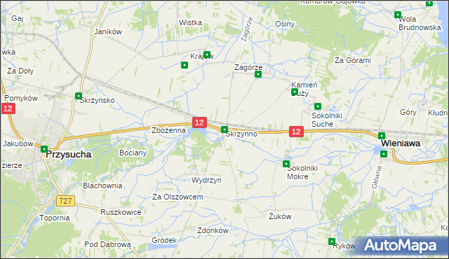 mapa Skrzynno gmina Wieniawa, Skrzynno gmina Wieniawa na mapie Targeo