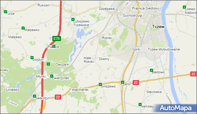 mapa Śliwiny gmina Tczew, Śliwiny gmina Tczew na mapie Targeo