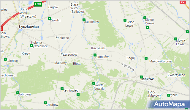 mapa Słomków gmina Maków, Słomków gmina Maków na mapie Targeo