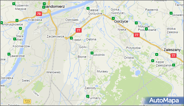 mapa Sokolniki gmina Gorzyce, Sokolniki gmina Gorzyce na mapie Targeo