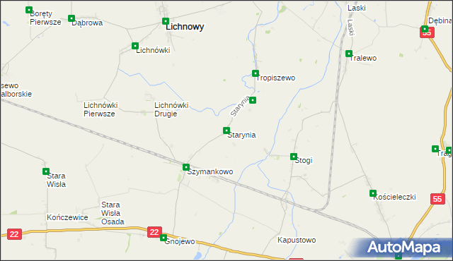 mapa Starynia gmina Lichnowy, Starynia gmina Lichnowy na mapie Targeo