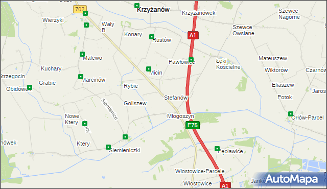 mapa Stefanów gmina Krzyżanów, Stefanów gmina Krzyżanów na mapie Targeo