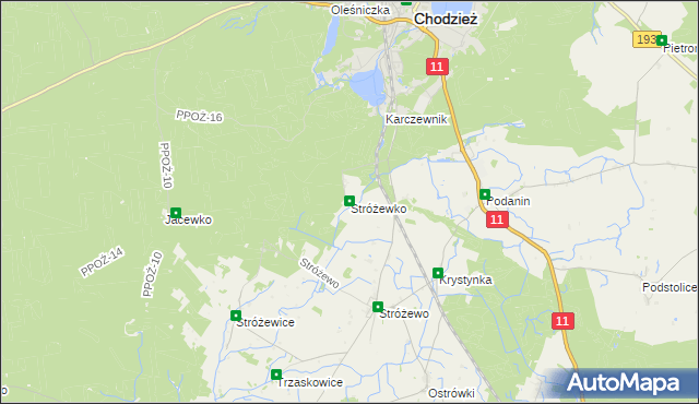 mapa Stróżewko gmina Chodzież, Stróżewko gmina Chodzież na mapie Targeo