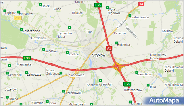mapa Stryków powiat zgierski, Stryków powiat zgierski na mapie Targeo
