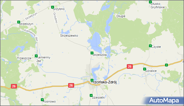 mapa Strzeszów gmina Trzcińsko-Zdrój, Strzeszów gmina Trzcińsko-Zdrój na mapie Targeo