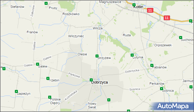 mapa Strzyżew gmina Dobrzyca, Strzyżew gmina Dobrzyca na mapie Targeo