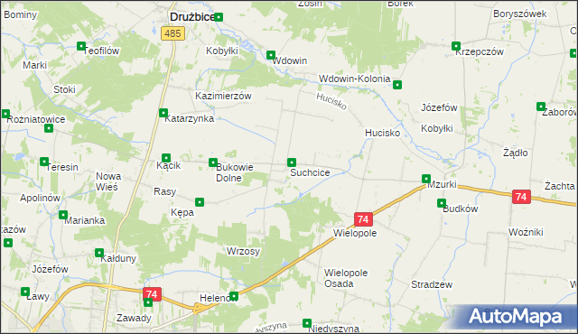 mapa Suchcice gmina Drużbice, Suchcice gmina Drużbice na mapie Targeo