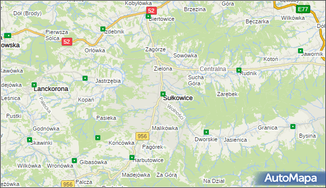 mapa Sułkowice powiat myślenicki, Sułkowice powiat myślenicki na mapie Targeo