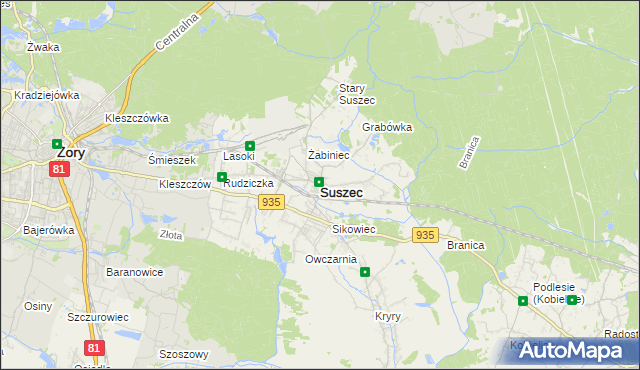 mapa Suszec powiat pszczyński, Suszec powiat pszczyński na mapie Targeo