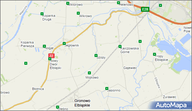 mapa Szopy gmina Gronowo Elbląskie, Szopy gmina Gronowo Elbląskie na mapie Targeo