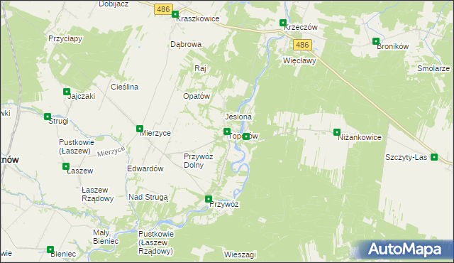 mapa Toporów gmina Wierzchlas, Toporów gmina Wierzchlas na mapie Targeo