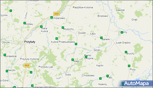 mapa Trzaski gmina Przytuły, Trzaski gmina Przytuły na mapie Targeo