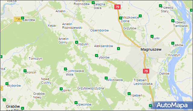 mapa Tyborów gmina Magnuszew, Tyborów gmina Magnuszew na mapie Targeo