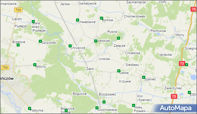 mapa Uników gmina Pińczów, Uników gmina Pińczów na mapie Targeo