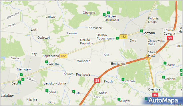 mapa Uników gmina Złoczew, Uników gmina Złoczew na mapie Targeo