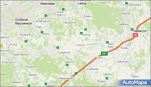 mapa Urszulin gmina Grodzisk Mazowiecki, Urszulin gmina Grodzisk Mazowiecki na mapie Targeo