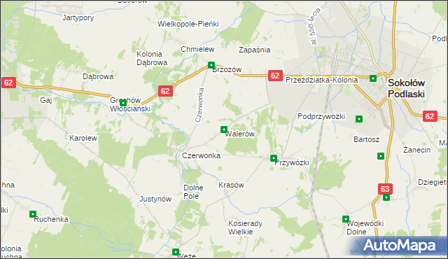 mapa Walerów gmina Sokołów Podlaski, Walerów gmina Sokołów Podlaski na mapie Targeo