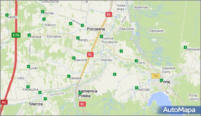 mapa Wanaty gmina Kamienica Polska, Wanaty gmina Kamienica Polska na mapie Targeo