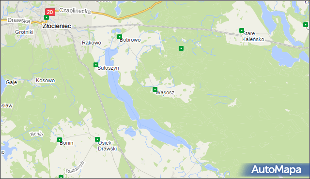 mapa Wąsosz gmina Złocieniec, Wąsosz gmina Złocieniec na mapie Targeo