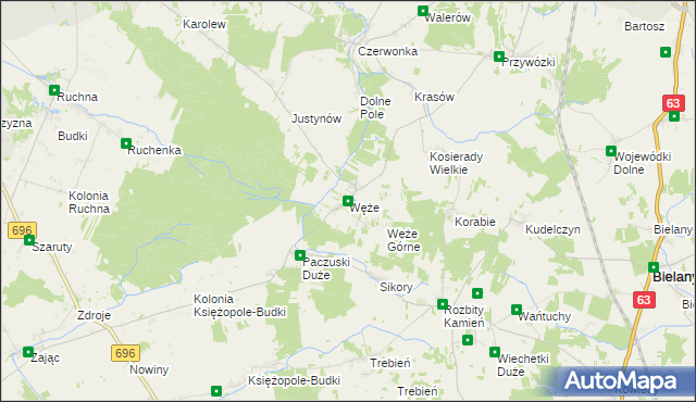 mapa Węże gmina Sokołów Podlaski, Węże gmina Sokołów Podlaski na mapie Targeo