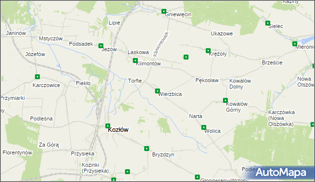 mapa Wierzbica gmina Kozłów, Wierzbica gmina Kozłów na mapie Targeo