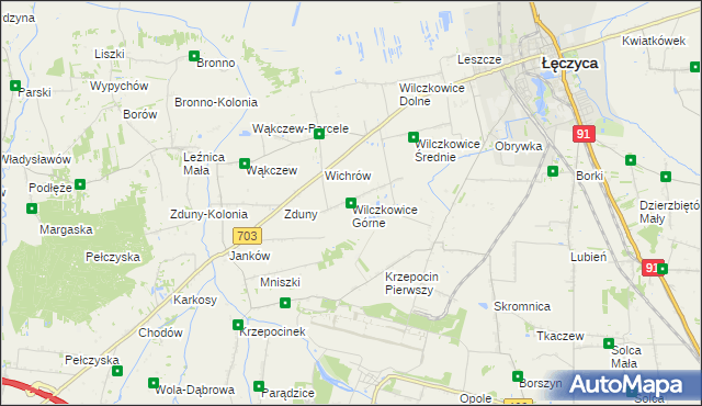 mapa Wilczkowice Górne gmina Łęczyca, Wilczkowice Górne gmina Łęczyca na mapie Targeo