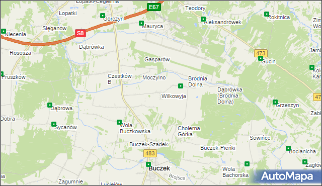 mapa Wilkowyja gmina Buczek, Wilkowyja gmina Buczek na mapie Targeo