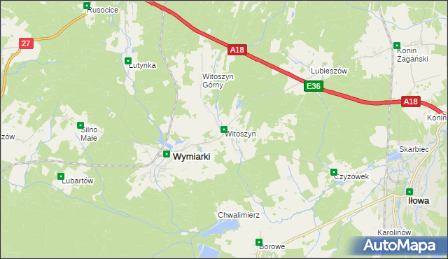 mapa Witoszyn gmina Wymiarki, Witoszyn gmina Wymiarki na mapie Targeo