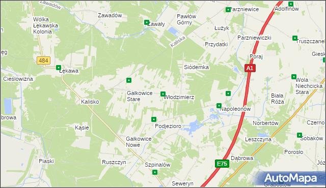 mapa Włodzimierz gmina Kamieńsk, Włodzimierz gmina Kamieńsk na mapie Targeo