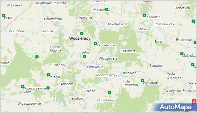 mapa Włodzimierz gmina Wodzierady, Włodzimierz gmina Wodzierady na mapie Targeo