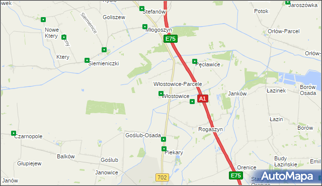 mapa Włostowice gmina Piątek, Włostowice gmina Piątek na mapie Targeo