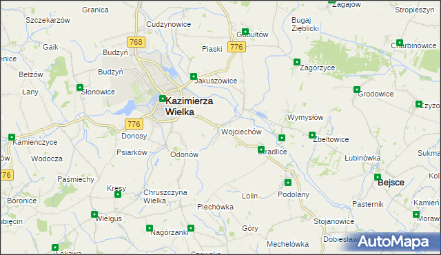 mapa Wojciechów gmina Kazimierza Wielka, Wojciechów gmina Kazimierza Wielka na mapie Targeo