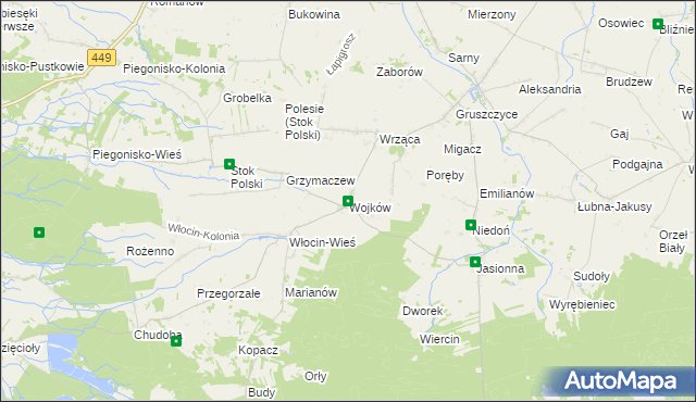 mapa Wojków gmina Błaszki, Wojków gmina Błaszki na mapie Targeo