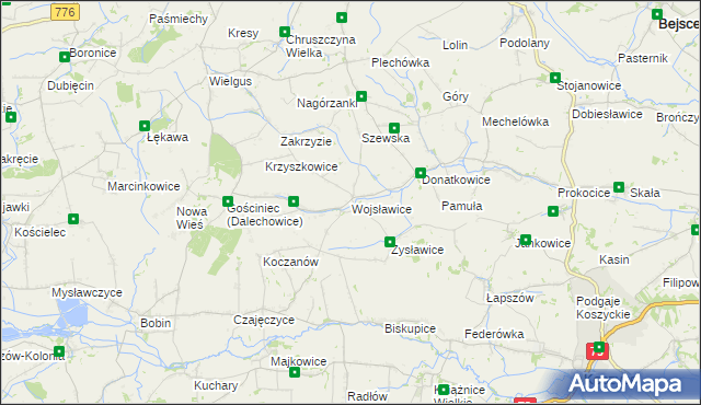mapa Wojsławice gmina Kazimierza Wielka, Wojsławice gmina Kazimierza Wielka na mapie Targeo