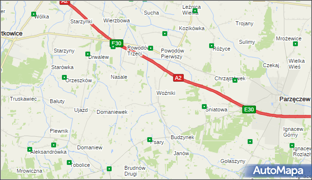 mapa Woźniki gmina Dalików, Woźniki gmina Dalików na mapie Targeo