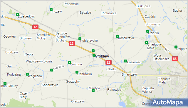 mapa Wróblew powiat sieradzki, Wróblew powiat sieradzki na mapie Targeo