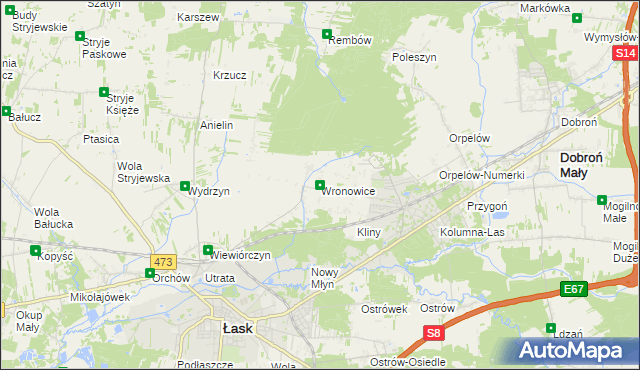 mapa Wronowice gmina Łask, Wronowice gmina Łask na mapie Targeo