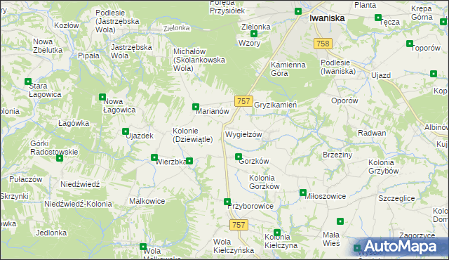 mapa Wygiełzów gmina Iwaniska, Wygiełzów gmina Iwaniska na mapie Targeo