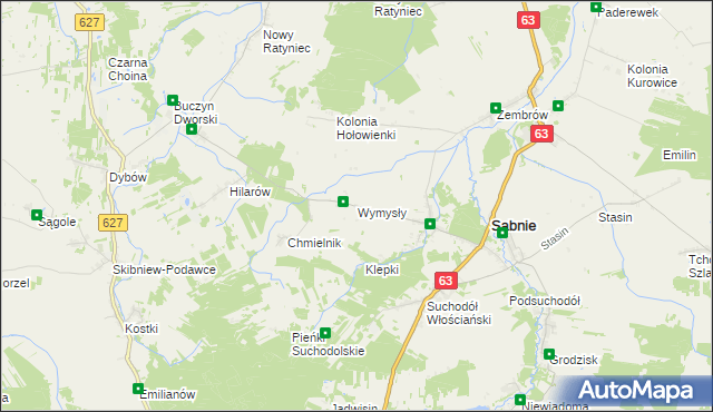 mapa Wymysły gmina Sabnie, Wymysły gmina Sabnie na mapie Targeo