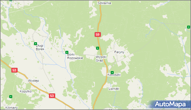 mapa Wysoki Grąd gmina Rozogi, Wysoki Grąd gmina Rozogi na mapie Targeo