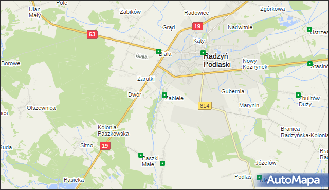 mapa Zabiele gmina Radzyń Podlaski, Zabiele gmina Radzyń Podlaski na mapie Targeo